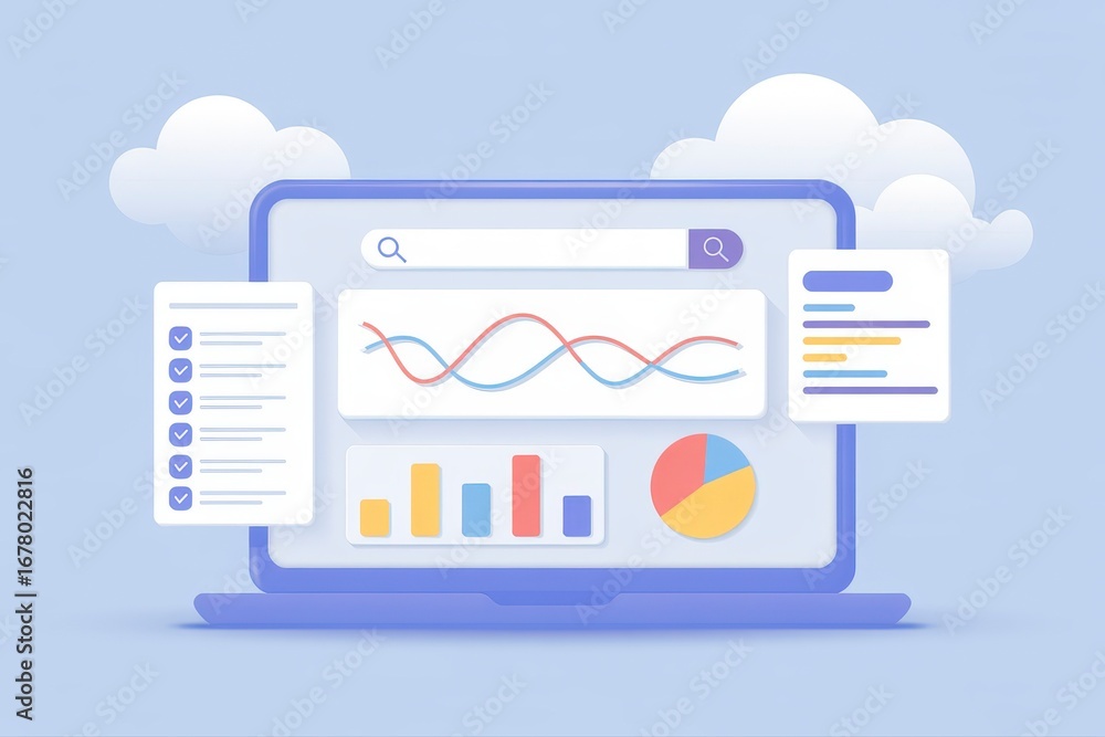Poster analyze data trends using modern laptop interface for business insights and strategy planning with c