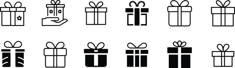 Gift box icon set, outline and solid present symbols, celebration holiday design, shopping reward graphic, festive surprise vector illustration
