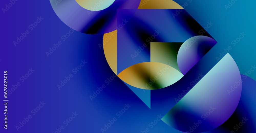 Poster abstract composition. blue hues dominate, with gold accents. fluid shapes overlap creating dynamic v
