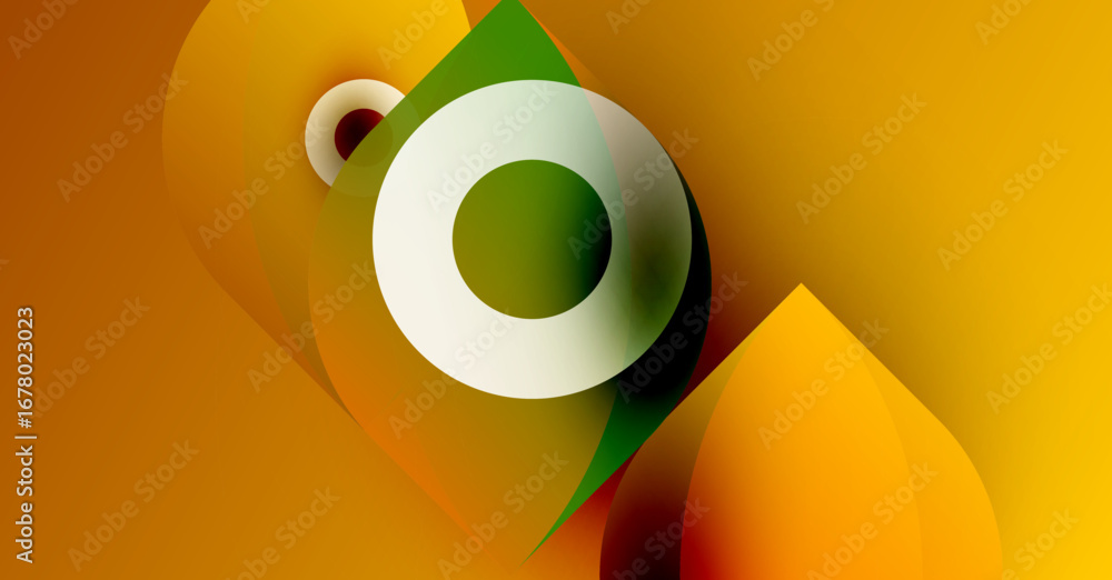 Poster abstract composition featuring overlapping shapes. warm colors dominate, with green accents. circula