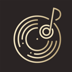 Gold colored icon with disc jockey player on dark background. Gramophone, vinyl record, dj, retro radio.