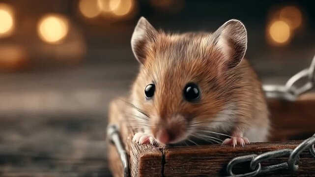 Curious mouse on a wooden mousetrap with looking into the camera with bokeh background.