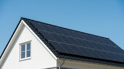 Fototapeta premium Modern house with solar panels on the roof under a clear blue sky