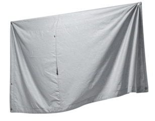 Gray Fabric Cover Hanging with Visible Pockets and Grommets, Dynamic Perspective, isolated on transparent background PNG