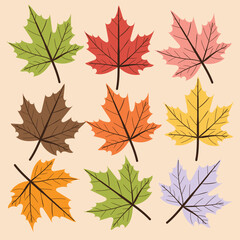 Maple leaves in vivid colors including red green yellow orange brown and purple perfect for autumn backgrounds seasonal decor craft projects and nature inspired designs