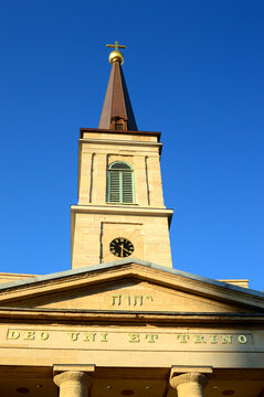 The facade and steeple of Basilica St Louis, one of the oldest Catholic Churches in the United States