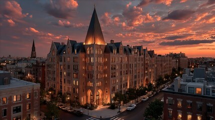Distinctive building with a pointed, glowing crown reflecting warm sunset tones across city rooftops