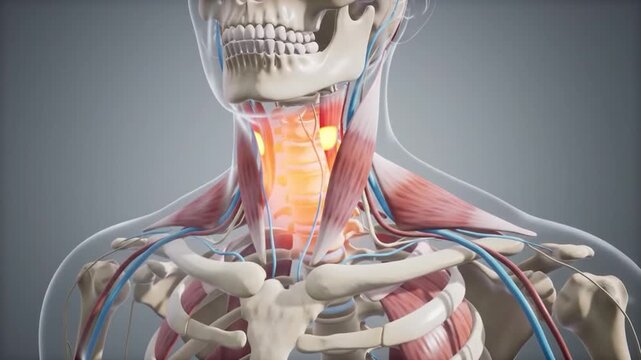 Neck Pain 3D Animation &ndash; Transparent Human Anatomy with Highlighted Pain Point, Neck Pain 3D Animation &ndash; Transparent Human Anatomy with Highlighted Pain Point