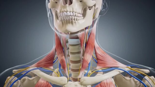 Neck Pain 3D Animation &ndash; Transparent Human Anatomy with Highlighted Pain Point, Neck Pain 3D Animation &ndash; Transparent Human Anatomy with Highlighted Pain Point