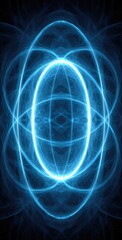 Ethereal oval form with radiant blue light trails creating a complex, symmetrical, almost atomic-like design against a dark background