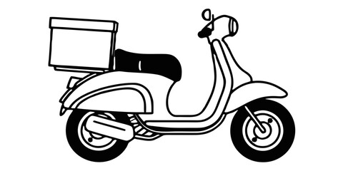 A black and white outline drawing of a delivery scooter with a box on the back in a side view