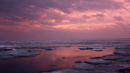 Fototapeta premium Frozen sea, vibrant sunset hues
