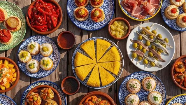 Assorted Tapas Food Selection on Wooden Table, Spanish Cuisine Variety, Including Tortilla, Olives, and Seafood Dishes, Overhead View