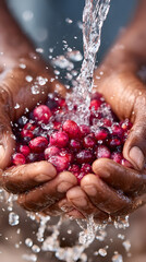 Hands of an African American person holding fresh red berries while water splashes over them, showcasing the vibrant colors and textures of nature. Selective focus