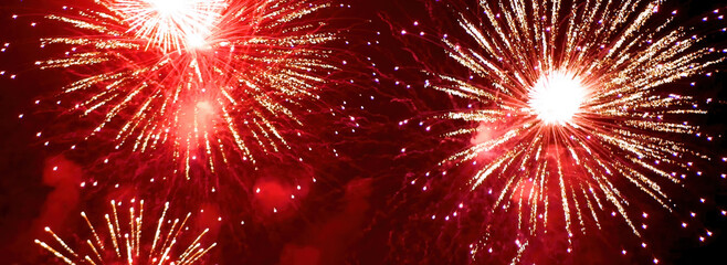 Banner red firework night time celebrate national holiday. Countdown new year 2025 festival with...
