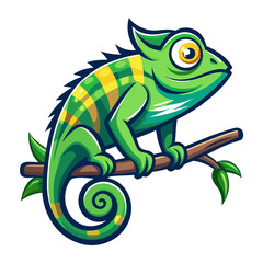 Cartoon-Style Chameleon Mascot in Green Hues Perched on Branch