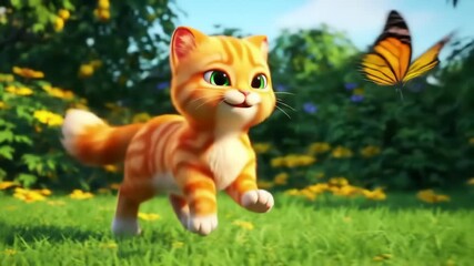 Animated ginger tabby cat pursues a monarch butterfly in a sunlit meadow with wildflowers and trees, presented in a detailed, vibrant style and cheerful animation. - Powered by Adobe