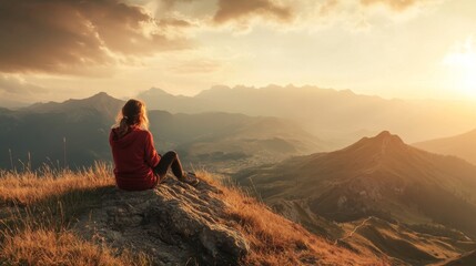 Woman sitting on a mountaintop overlooking a breathtaking sunset and vast valley landscape.