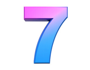 Glossy 3D Number Seven in Pink and Blue Neon Gradient with Soft Shadow, Front View, isolated on transparent PNG