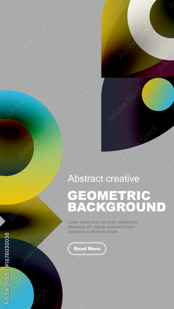 Poster abstract geometric shapes overlap, creating vibrant color gradients. minimalist design with text ele