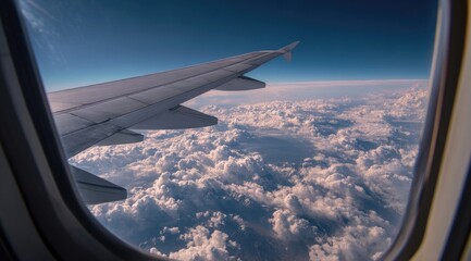 Obraz premium Airplane wing and clouds seen through window