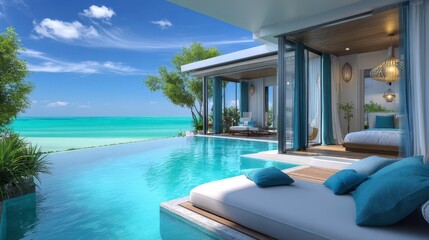 Fototapeta premium Luxury Villa, Infinity Pool, Tropical Vacation, Beach Resort