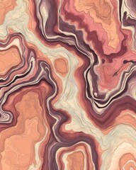 Abstract layers flow, textured. Earth-toned. Bands create organic pattern, resembling agate or topographic map. Swirling shapes. Warm, layered design