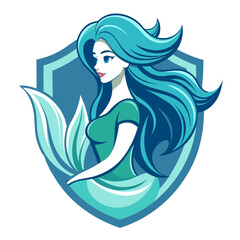 Serene Mermaid in Shield Crest with Aqua-Toned Waves