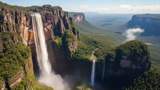Majestic Angel Falls Waterfall Scenery, Canaima National Park, Venezuela, Aerial View of Beautiful Cliffs, Jungles, and Nature Landscape