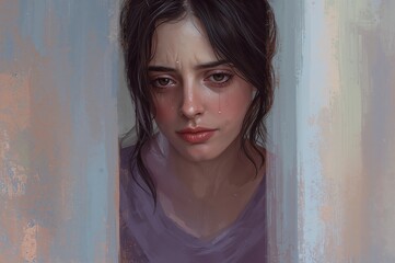 Fototapeta premium Woman looking sad while standing behind curtain with tears 