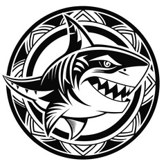 Circular Shark Emblem with Tribal Cutouts and Intense Expression in Black and White