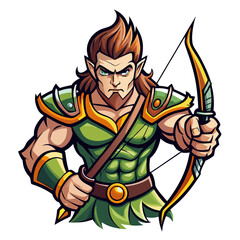 Detailed Archer Mascot in Fantasy Attire with Bold Outlines and Action Pose