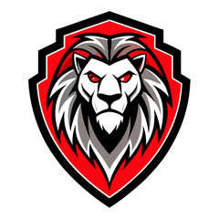 Red-Toned Lion Head Emblem with Modern Linework and Shield Background