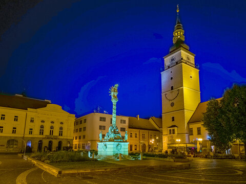 Sunset view of city tower in Trnava, Slovakia