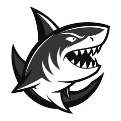 Black-and-White Shark Head Emblem with Thick Lines and Jagged Teeth
