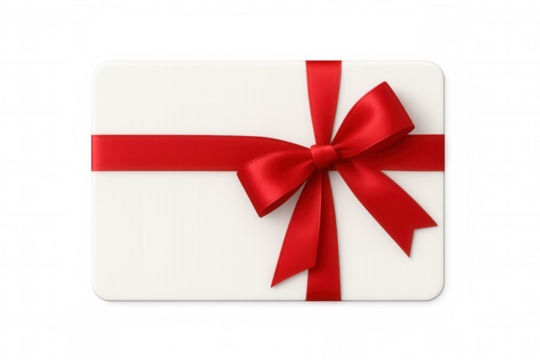 Gift card with red ribbon and bow isolated on transparent background, perfect for promotional offers and special occasions