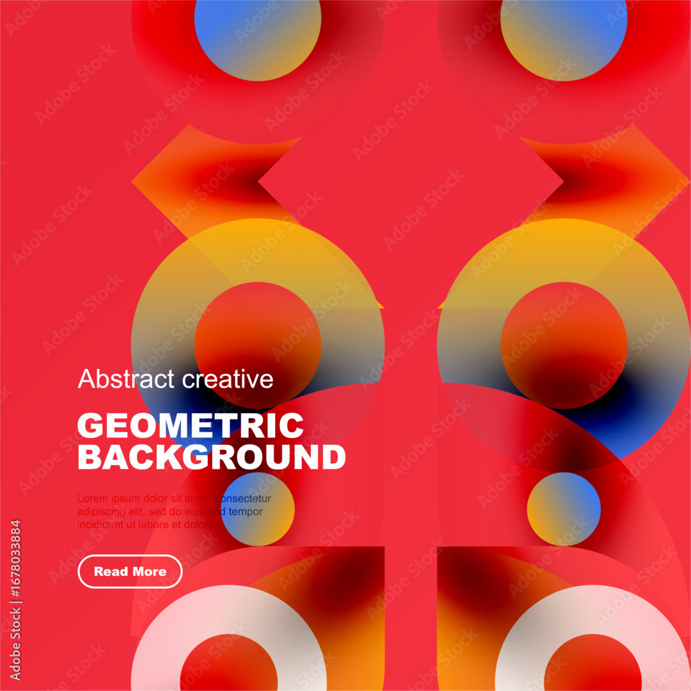 Poster vibrant geometric composition. overlapping circles create dynamic visual effect. red background enha