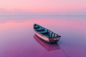 Fototapeta premium Tranquil Boat at Sunset on Serene Pink Lake with Reflections and Calm Waters