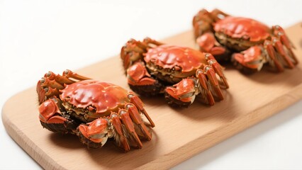 Three cooked crabs on wooden board