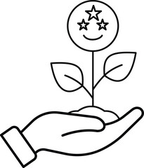 Obraz premium Hand holding plant with star flower icon representing growth, care, eco success, and achievement, transparent background