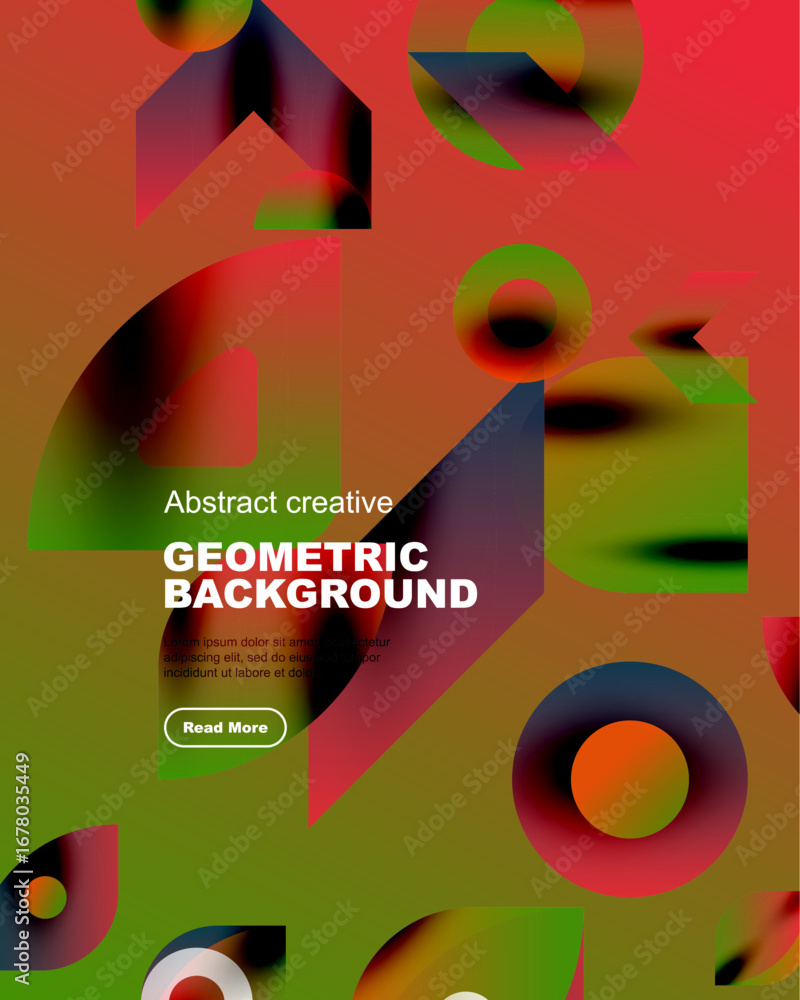Poster vibrant geometric shapes overlap, creating dynamic abstract background. bold text promotes creative 