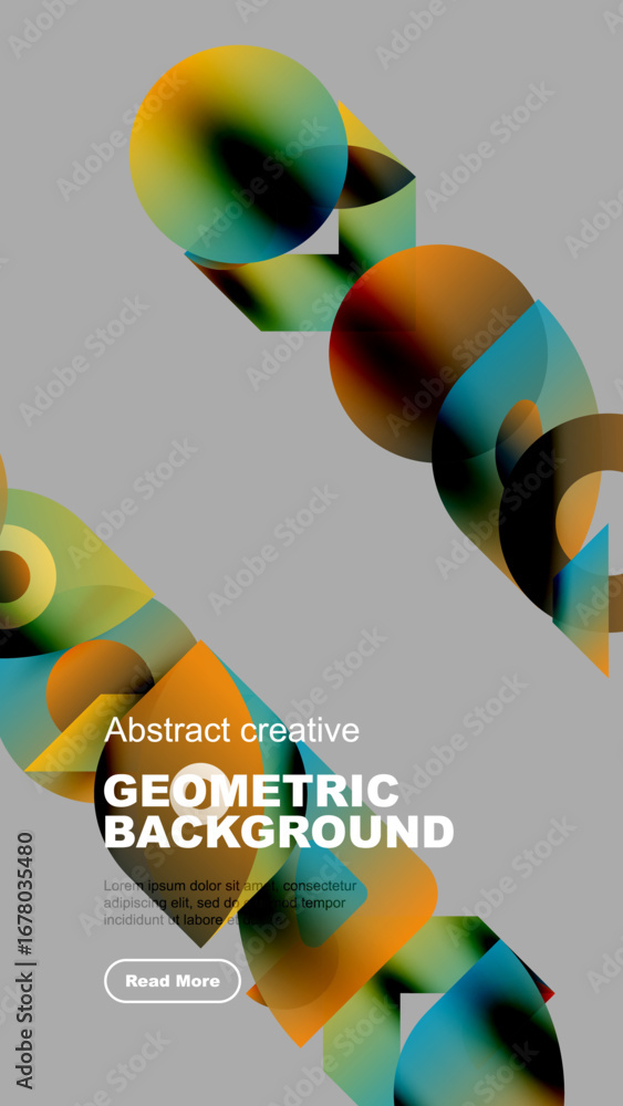 Poster abstract geometric shapes overlap, creating vibrant colorful design. background features gradients, 