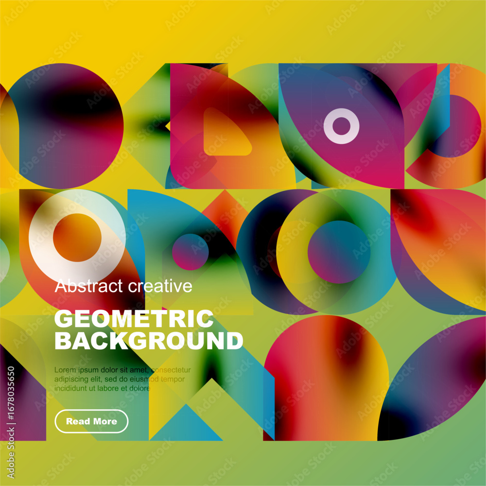 Aufkleber vibrant geometric shapes overlap, creating colorful abstract background. text promotes design concep