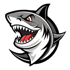 Fototapeta premium Black and White Shark Head with Wide Open Mouth and Sharp Teeth in Bold Vector Lines for Aggressive Sports Logo