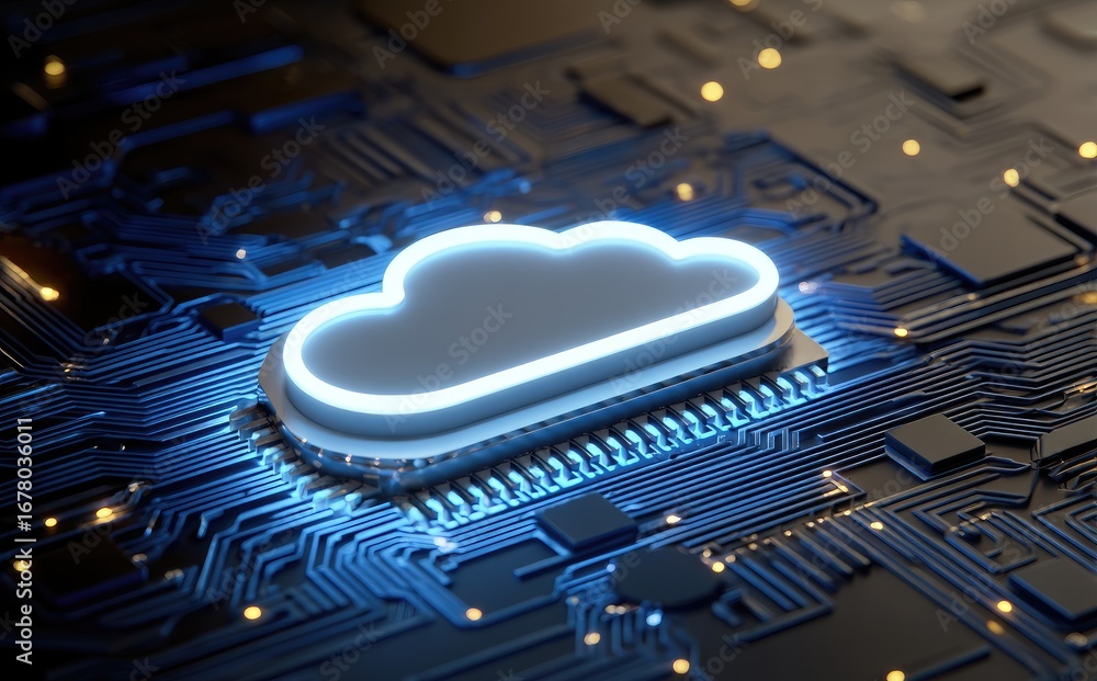 Aufkleber 3d render of glowing cloud icon integrated into a processor chip on dark circuit board, symbolizing 