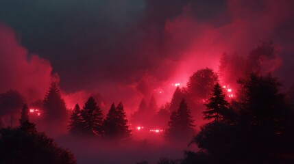 Fototapeta premium Ethereal Forest Illumination with Vibrant Red Light Amidst Misty Landscape at Dusk