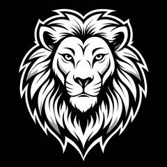 White Lion Head on Black Background in Bold Vector Lines and Sharp Mane Details for Regal Sports Emblem