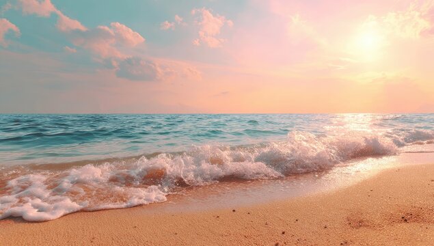 Beachscape Ocean waves lap a sandy shore under a pastel sky, bathed in warm sunlight, creating a serene & peaceful scene