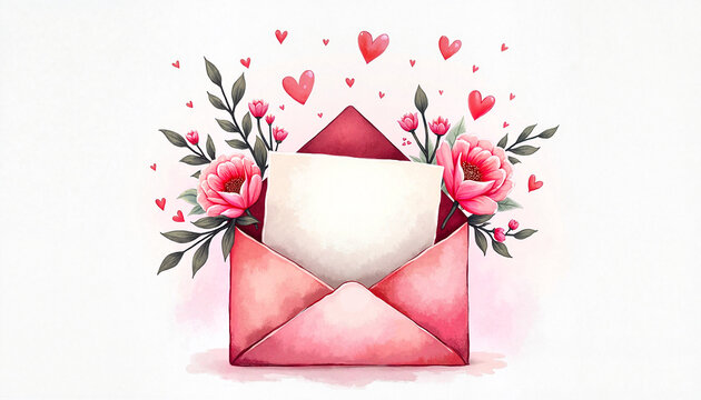 Watercolor envelope with pink roses and hearts for love messages  
