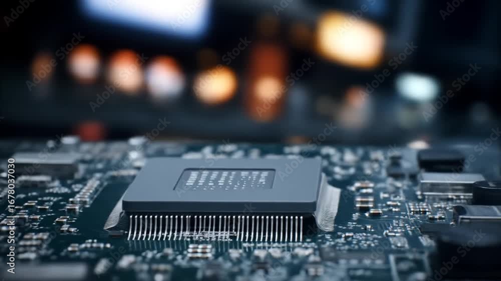 Wall mural detailed closeup of a cpu on a circuit board with technology background.